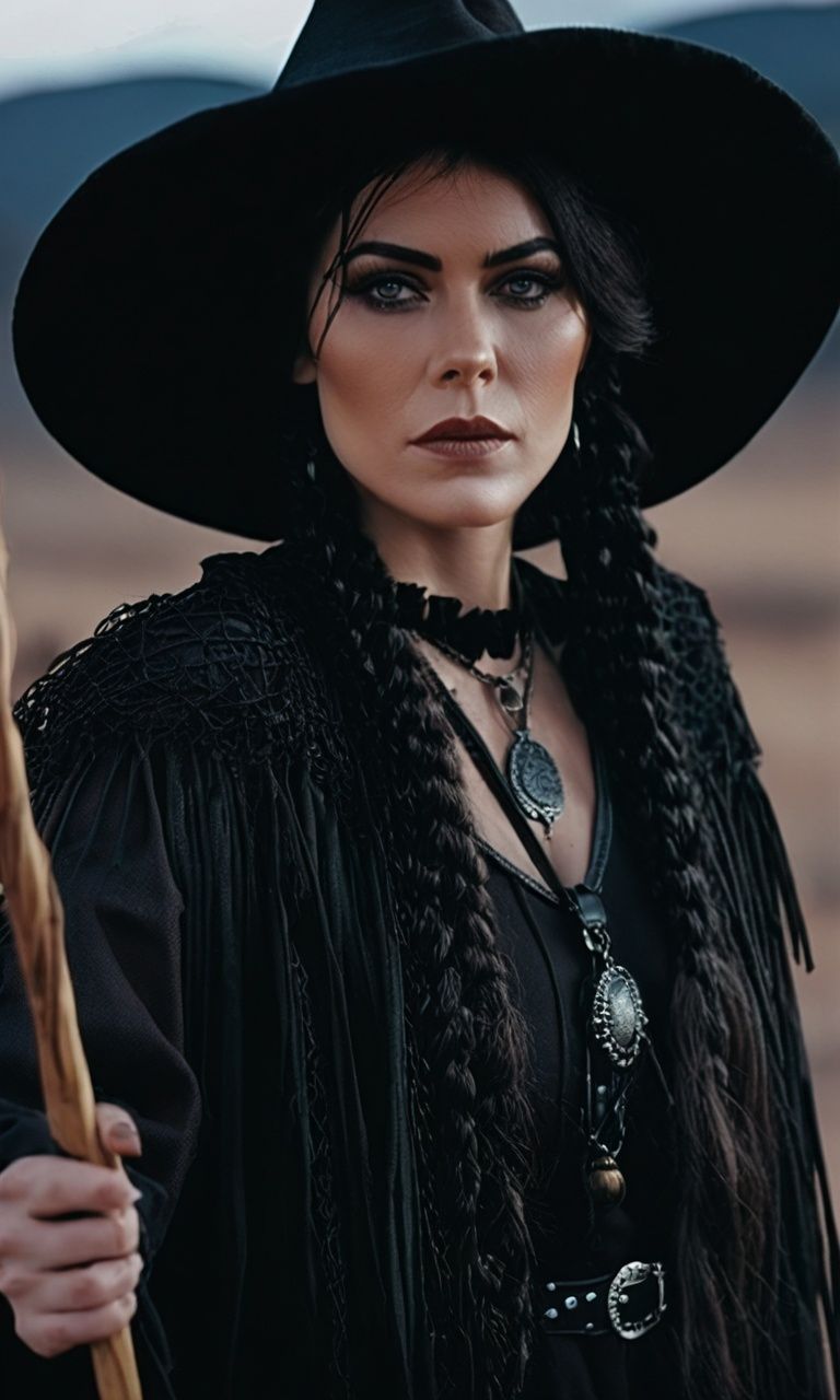 cinematic photo western fantasy,an evil witch dressed in a witch costume holding a stick and a hat. 35mm photograph,film,professional,4k,highly detailed,