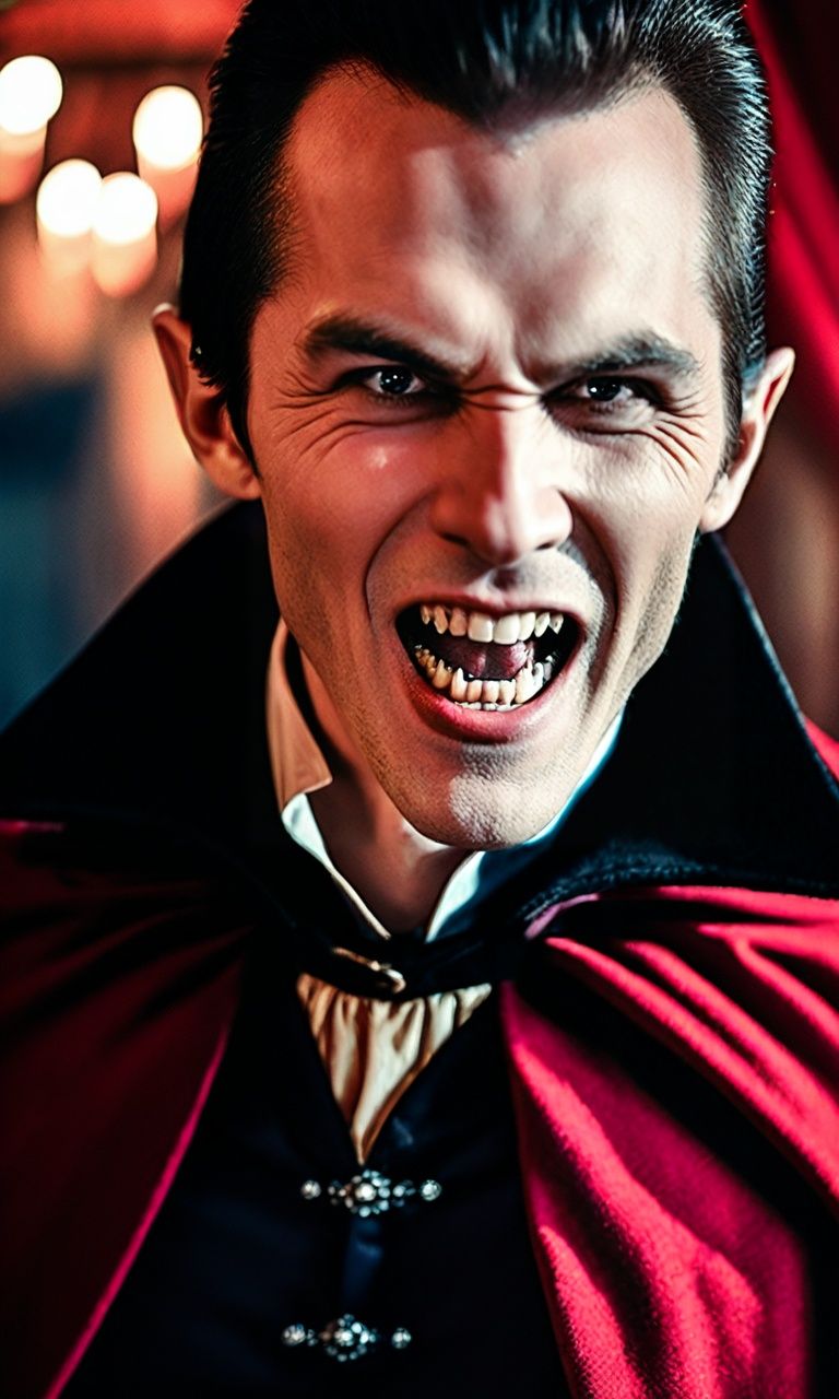 cinematic photo cinematic photo western fantasy,a vampire with his long and big fangs and sharp teeth, pale face, red cloak,  evil smile, open mouth,35mm photograph,film,professional,4k,highly detailed, . 35mm photograph, film, bokeh, professional, 4k, highly detailed