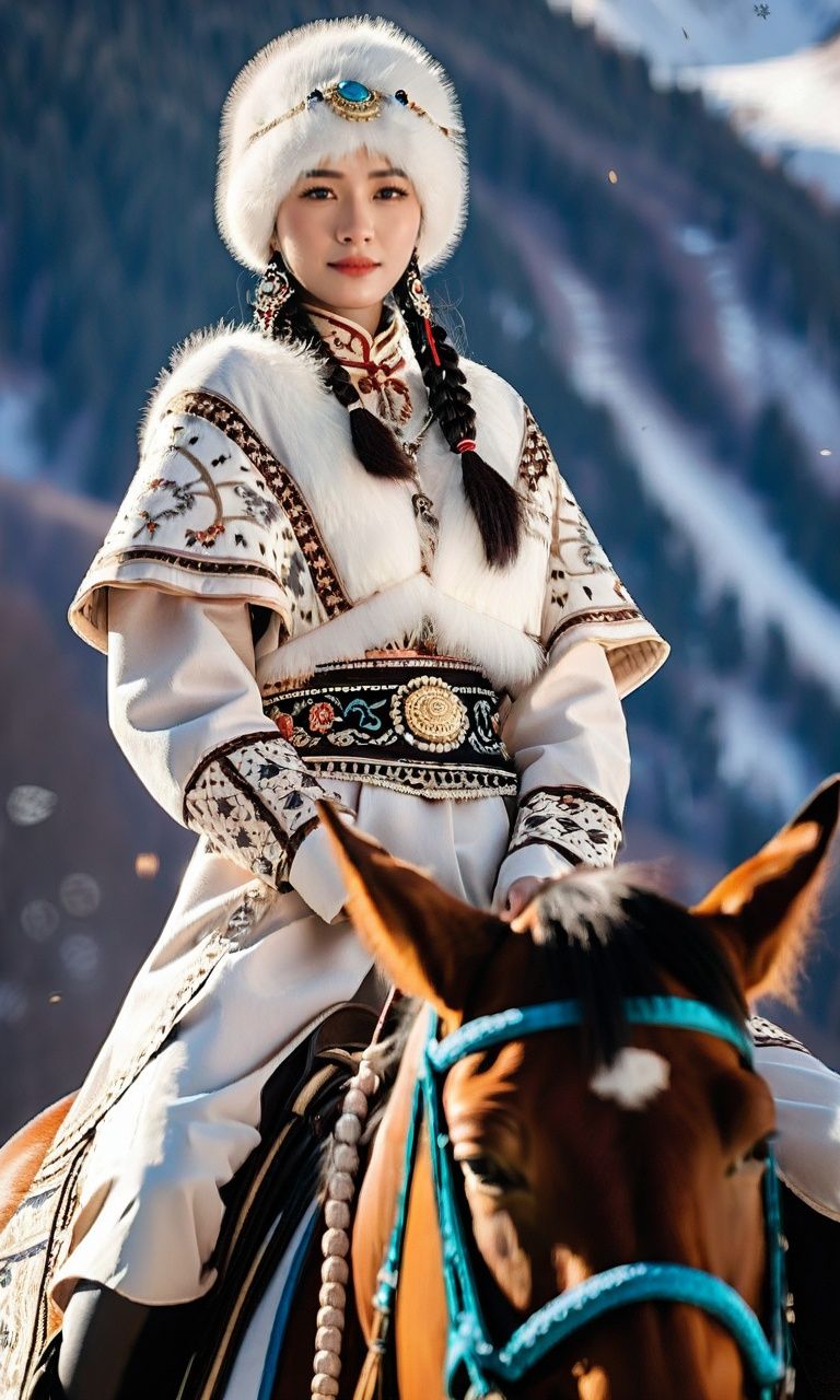 oriental fantasy,1girl,wearing a zangfu clothes,big breast,super cute,riding a horse,horseback riding,strong horse,winter,outdoors,white coat,((masterpiece)),((best quality)),8k,high detailed,ultra-detailed,