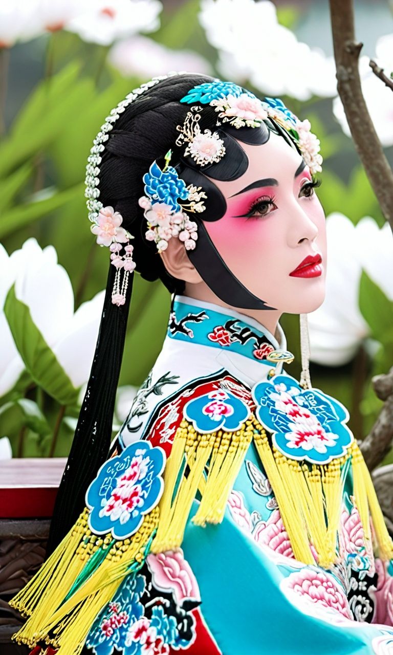 1girl,chinese opera costume,wearing a xifu clothes,sitting in a beautiful garden,close-up,((masterpiece)),((best quality)),8k,high detailed,ultra-detailed,