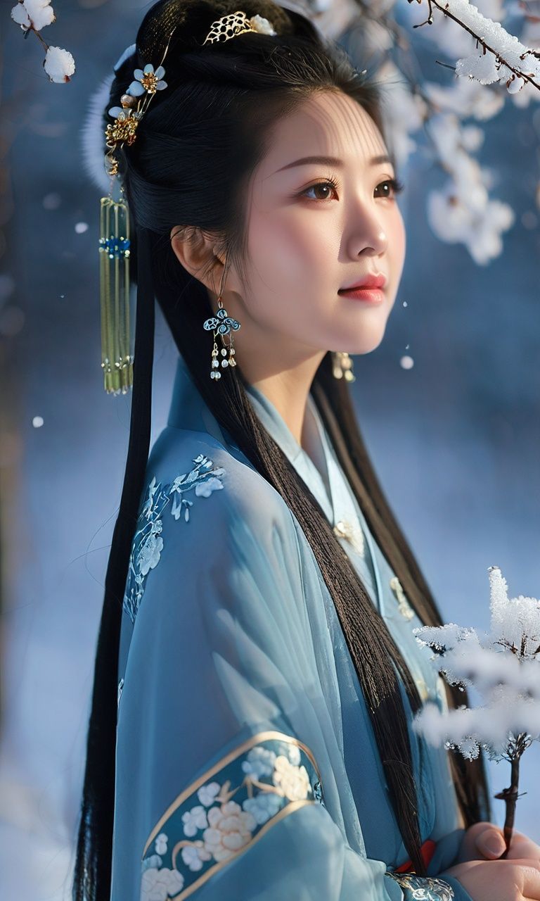 cinematic photo cinematic photo xsfantasy,oriental fantasy,asian,chinese,a 18 years old cute Chinese girl with thin face wearing hanfu,In the enchanting style of 90s Cinematic photography,capture the beauty of a Chinese girl::4 gracefully adorned in a Hanfu attire amidst a winter wonderland. Against a backdrop of a snow-covered landscape,she stands as if emerging from a dream,her flowing blue gown glistening like transparent ice. The soft moonlight illuminates the scene,while a gentle haze of smoke envelopes the air,creating an ethereal and mystical atmosphere. The composition::1 emphasizes the delicate intricacies of her Hanfu and the contrast with the snowy surroundings. The cool blue tones of her dress harmonize with the moonlit ambiance and the soft veil of smoke,resulting in a captivating and otherworldly image. Panaflex Platinum,35mm focal length,f/2.5 aperture,ISO 400,shutter speed 1/100.  . 35mm photograph,film,bokeh,professional,4k,highly detailed, . 35mm photograph, film, bokeh, professional, 4k, highly detailed