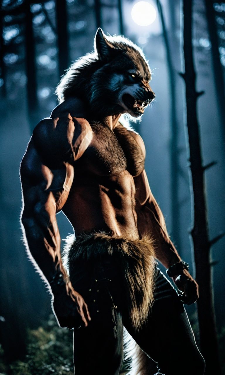 cinematic photo,western fantasy,Transforming werewolf under the full moon,Dynamic and intense metamorphosis,Muscles bulging as bones reshape,Fierce expression reflecting the inner struggle,Shredded clothing caught in the transformation,Moonlit forest backdrop enhancing the atmosphere,Cinematic angle capturing the tension,Dramatic backlight adding depth,Focal length 55mm,aperture f/2.0,ISO 400,shutter speed 1/250.,