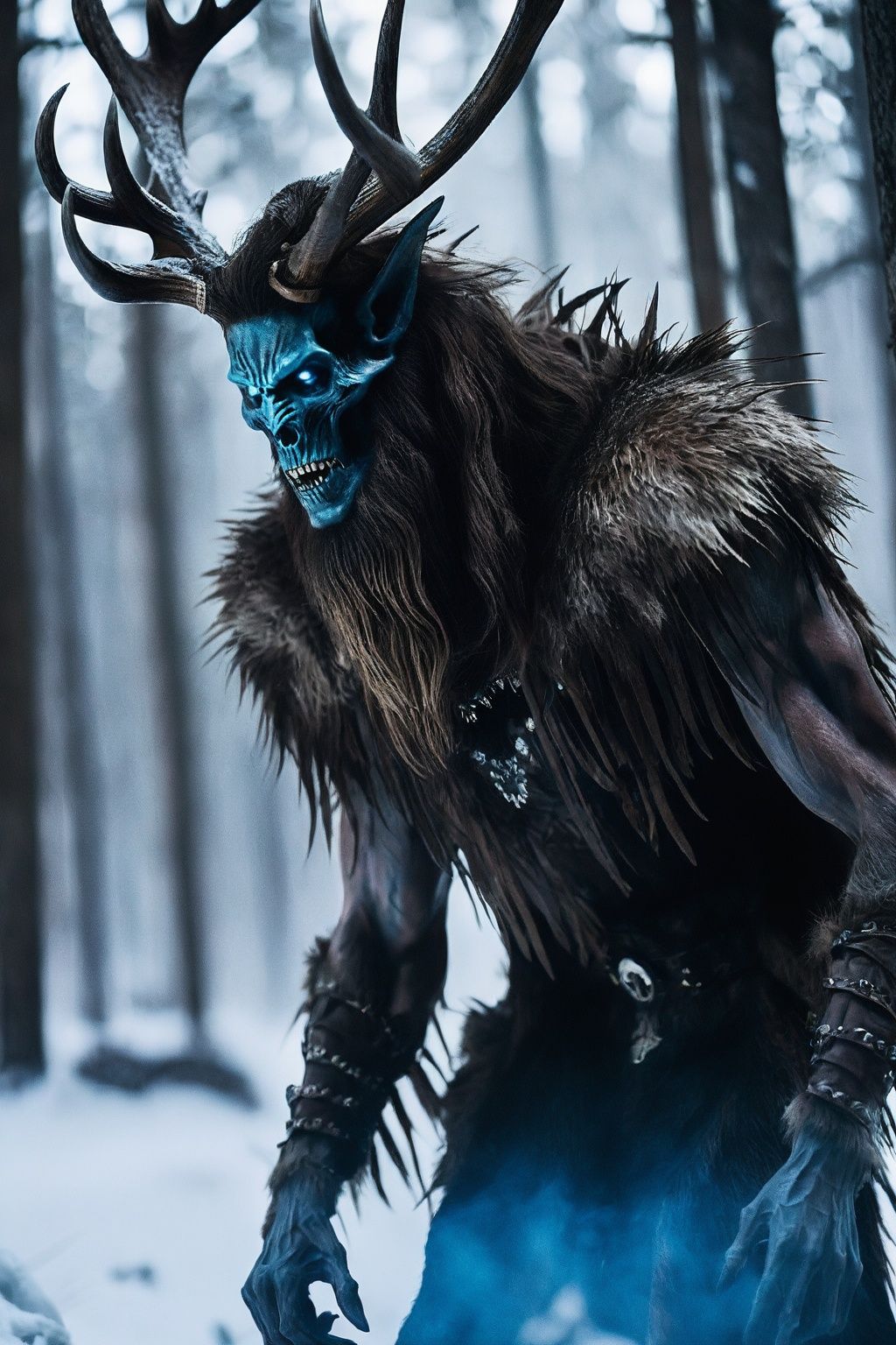 cinematic photo cinematic photo,western fantasy,Intimidating Wendigo emerging from the shadows,Gaunt and skeletal figure with icy blue eyes,Long,ragged hair flowing in the wind,Snow-covered forest adding an eerie backdrop,Moonlight casting an ethereal glow,Sinister aura evoking fear and suspense,Cinematic framing highlighting the tension,Dramatic lighting emphasizing the creature's features,Focal length 85mm,aperture f/2.8,ISO 200,shutter speed 1/160., . 35mm photograph, film, bokeh, professional, 4k, highly detailed