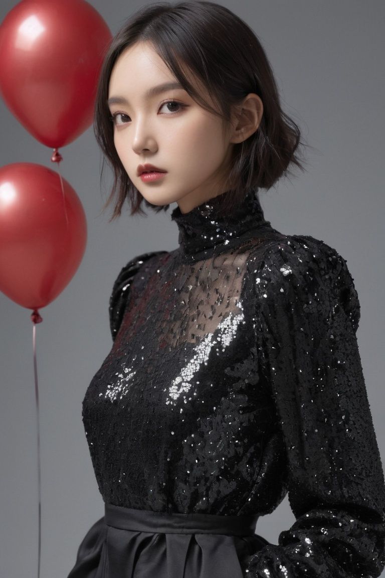 Lanvin sequin-embellished blouse with a high neck and balloon sleeves,Canon EOS 5D Mark IV with Canon EF 24-70mm f/2.8L II,design by ****·麦昆(Alexander McQueen) girl,1girl,solo,black eyes,
