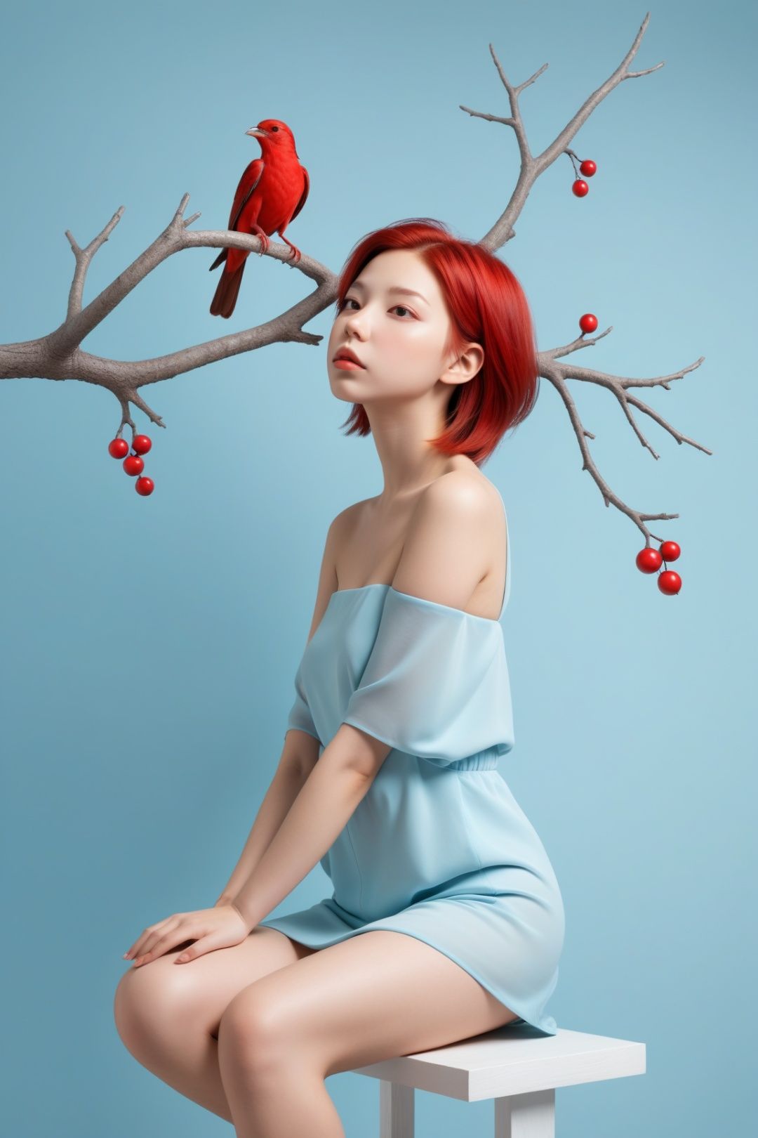 young girl on the branch of tree with birds and a bird sitting on top of it,  in the style of minimalism,  beautiful and e...