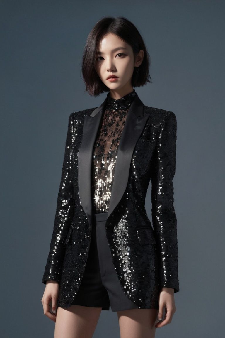 lovecraftian horror , eldritch, cosmic horror, unknown, mysterious, surreal, highly detailed, Fujifilm FP-100C, Tom Ford sequin-embellished tuxedo jacket with satin lapels, positive space composition, Rick Owens (瑞克·欧文斯), girl, 1girl, solo