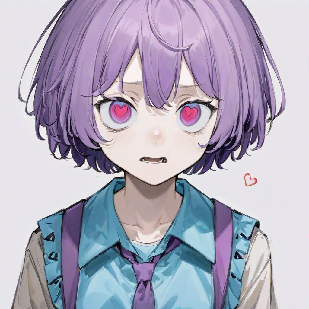 albinism:1.3, 1girl, komeiji satori, solo, white background, third eye, simple background, shirt, short hair, heart, looking at viewer, purple hair, upper body, hairband, open mouth, blue shirt, 