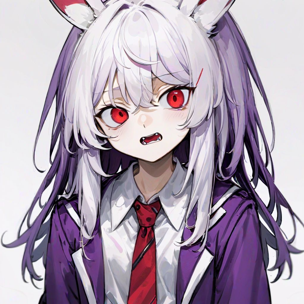 albinism:1.3, 1girl, solo, reisen udongein inaba, @_@, long hair, animal ears, necktie, shirt, teeth, rabbit ears, red necktie, white background, purple hair, red eyes, simple background, looking at viewer, white shirt, collared shirt, jacket, upper body, tears, hair between eyes, clenched teeth, tearing up