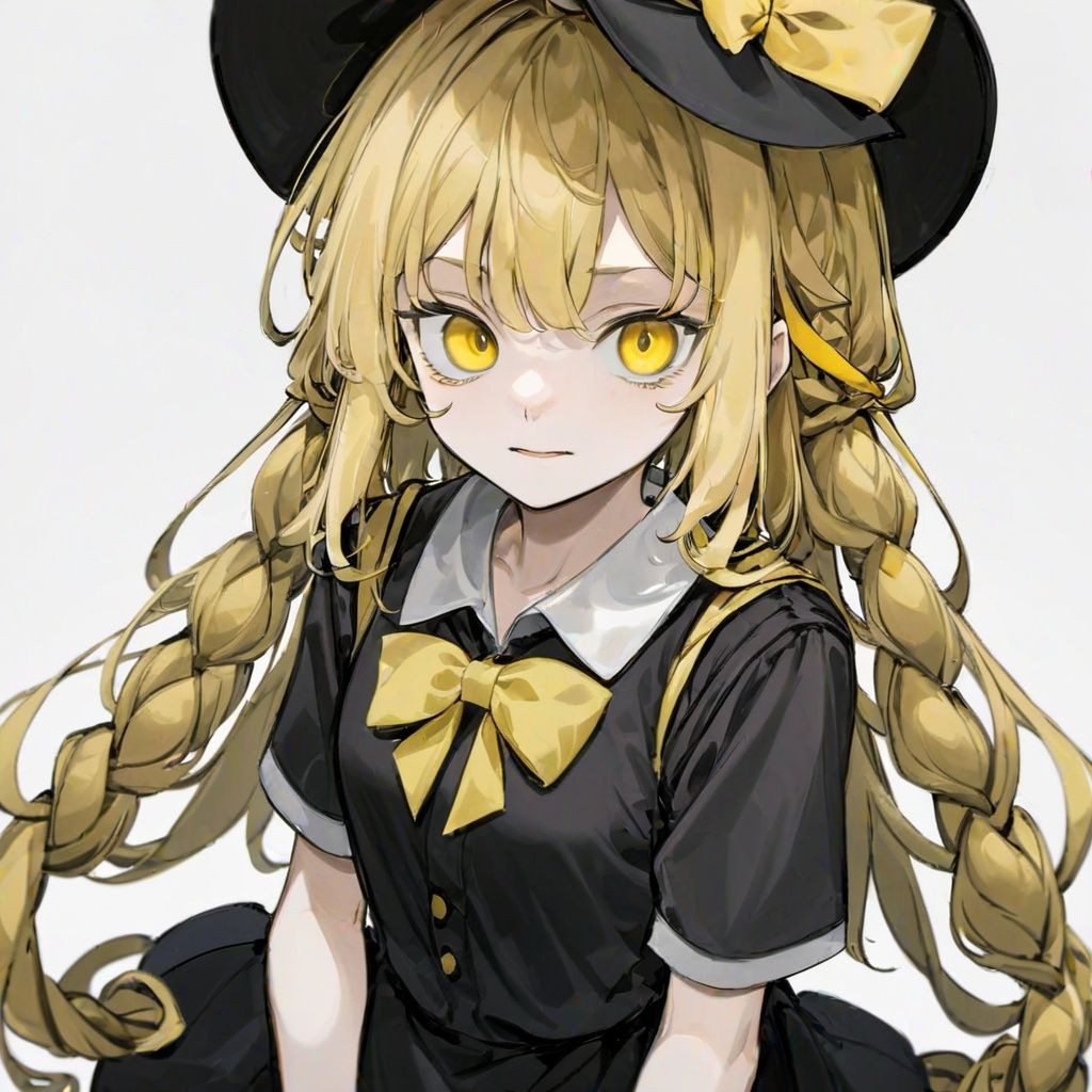albinism:1.3, 1girl, hat, kirisame marisa, solo, witch hat, long hair, braid, upper body, blonde hair, bow, white bow, black headwear, single braid, looking at viewer, shirt, simple background, yellow eyes, hat bow