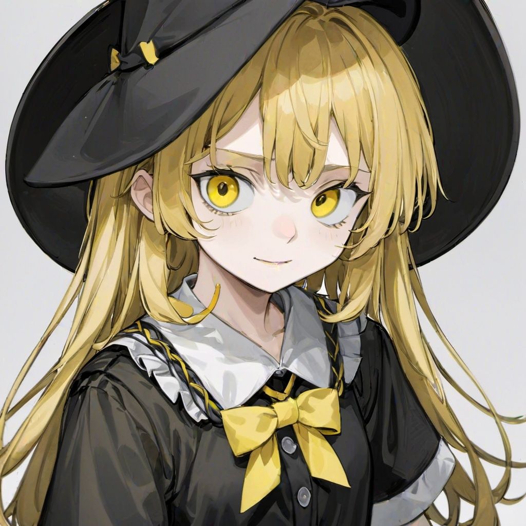 albinism:1.3, 1girl, hat, kirisame marisa, solo, witch hat, long hair, braid, upper body, blonde hair, bow, white bow, black headwear, single braid, looking at viewer, shirt, simple background, yellow eyes, hat bow