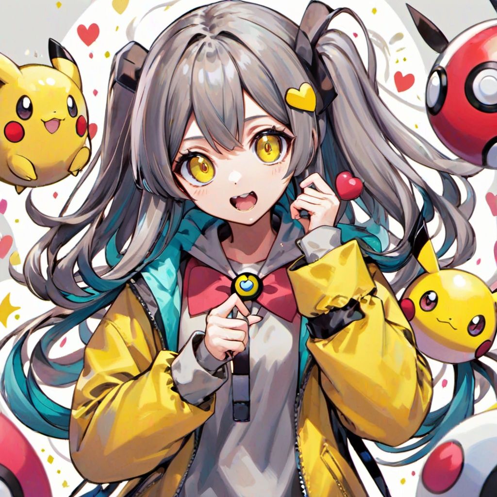 jth,iono (pokemon), character hair ornament, 1girl, bow-shaped hair, sleeves past fingers, sharp teeth, jacket, yellow jacket, solo, teeth, sleeves past wrists, x, hair ornament, very long sleeves, symbol in eye, multicolored hair, poke ball (basic), long hair, oversized clothes, grey shirt, poke ball, heart, split-color hair