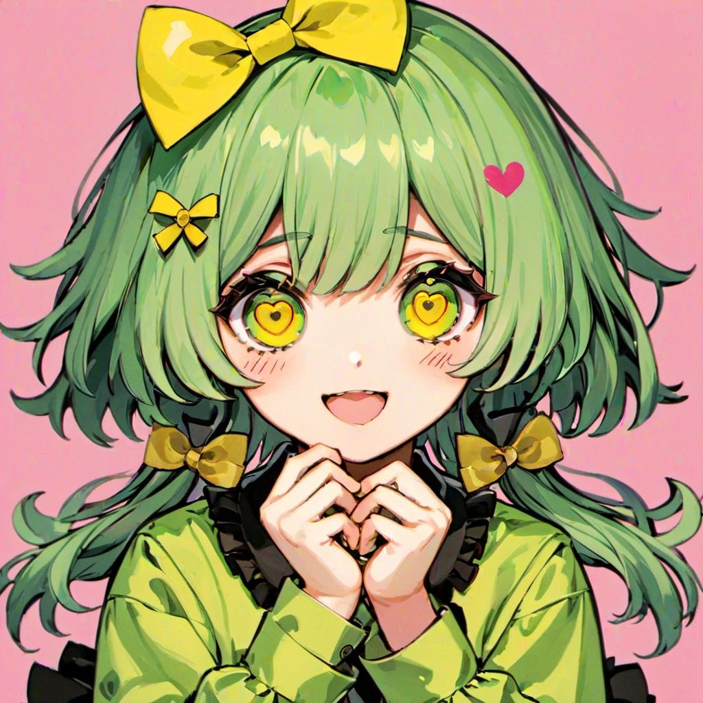 jth,1girl, solo, hat, komeiji koishi, shirt, heart, open mouth, long sleeves, bandaid, yellow shirt, hat bow, smile, hair between eyes, black headwear, frills, bangs, looking at viewer, cross, blush, pink background, green hair, hands up, upper body, bow, jewelry, symbol-shaped pupils, green eyes, yellow bow, 