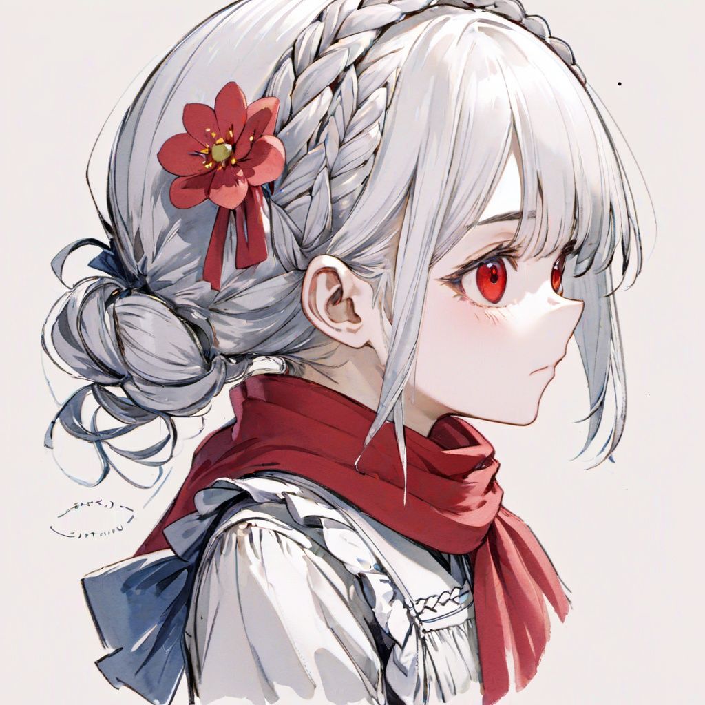 Hitoimim, sketch, solo, 1girl, braid, looking at viewer, red scarf, flower, izayoi sakuya, maid headdress, white background, hair ornament, scarf, hair flower, twin braids, simple background, parted lips, portrait, bangs, white hair, ((hair over one eye))