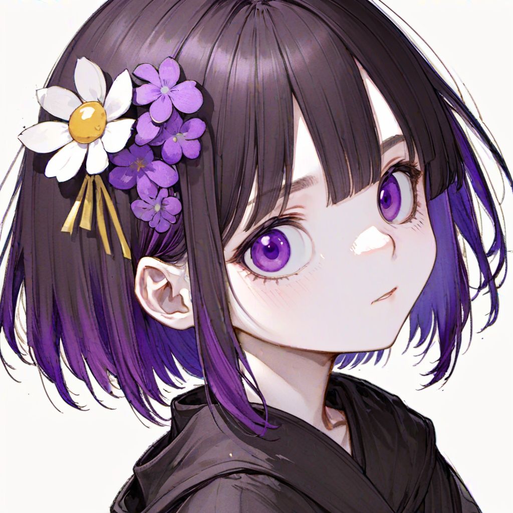 Hitoimim, sketch, 1girl, solo, hair ornament, white background, bangs, mole under eye, flower, looking up, purple eyes, simple background, parted lips, mole