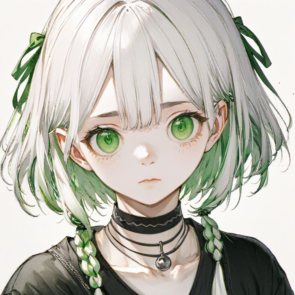 Hitoimim, sketch,1girl, solo, green eyes, white background, choker, hair between eyes, bangs, braid, bell, white hair, parted lips