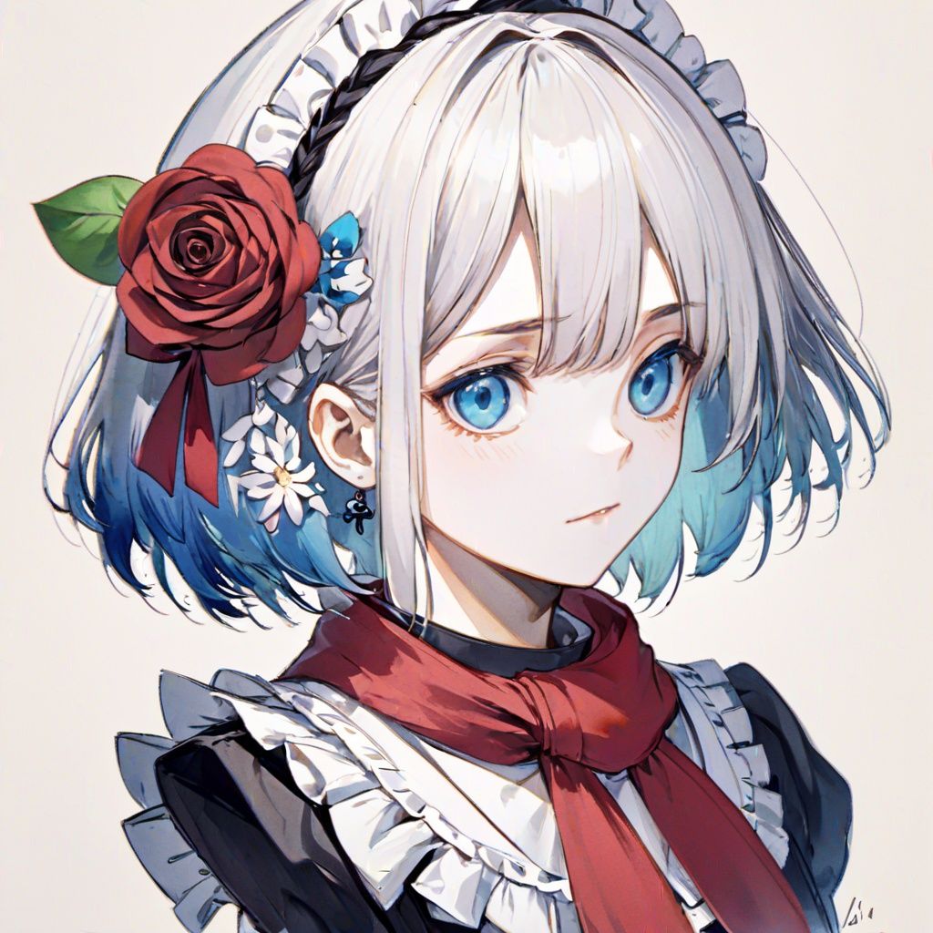 Hitoimim, sketch:1.3, 1girl, solo, braid, izayoi sakuya, flower, looking at viewer, red scarf, maid headdress, hair ornament, scarf, hair flower, parted lips, white hair, choker, upper body, rose, earrings, bangs, bow, blue eyes, short hair, from side, black flower