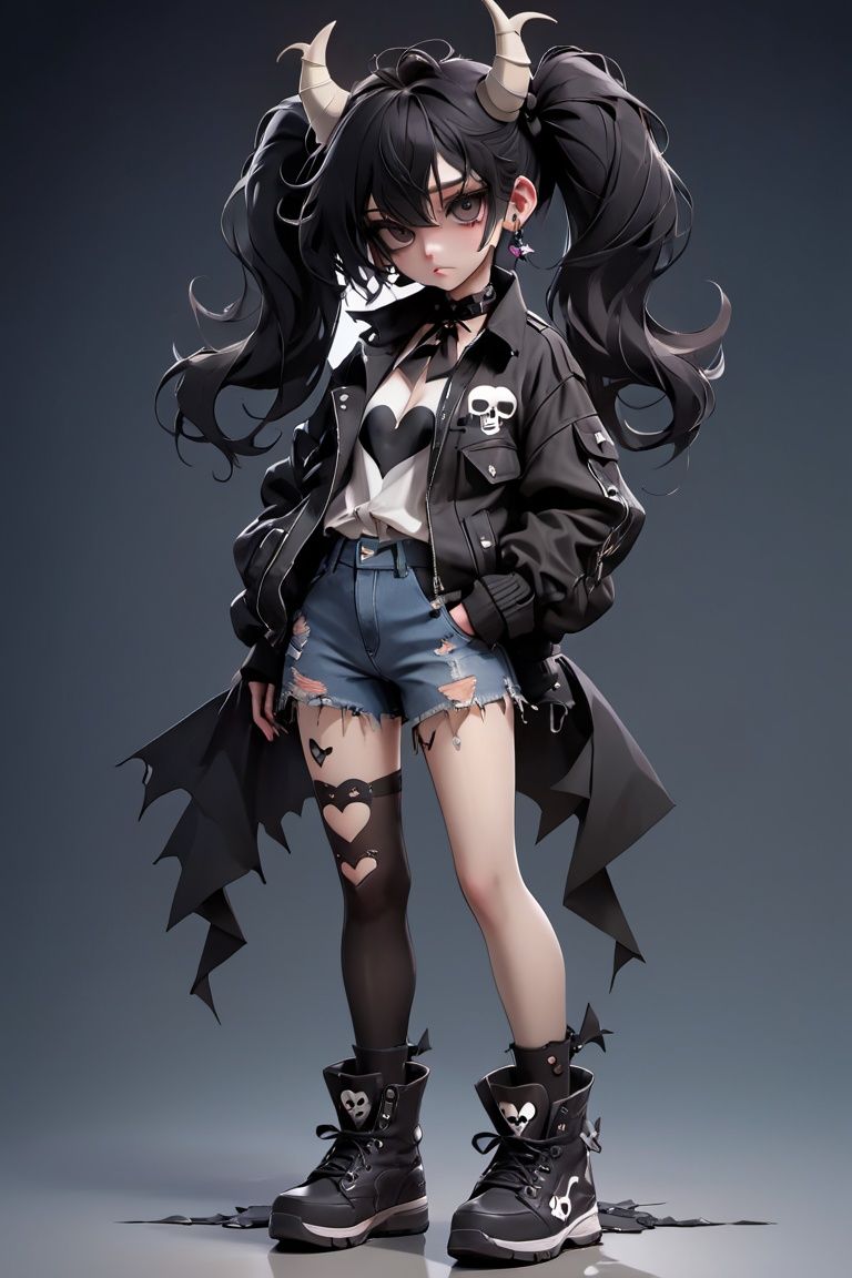 1girl,black eyes,black hair,black legwear,boots,bow,choker,earrings,full body,hair bow,heart,horns,jacket,jewelry,looking at viewer,medium hair,pants,pantyhose,shirt,shoes,skull,sneakers,spikes,standing,torn clothes,torn gloves,torn jacket,torn jeans,torn legwear,torn pants,torn shirt,torn shorts,torn skirt,torn sleeves,twintails,