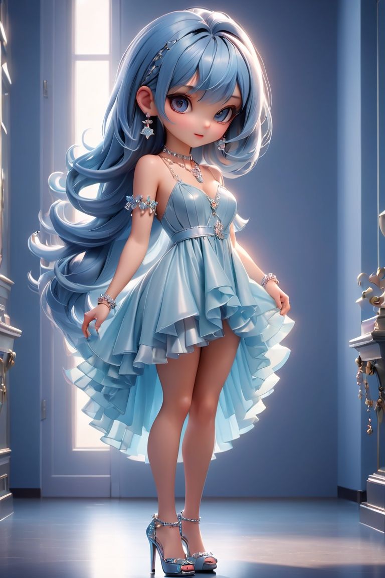 cinematic film still pixar,3d style,toon,masterpiece,best quality,good shine,OC rendering,best quality,4K,super detail,1girl,((full body)),looking at viewer,standing,shiny_skin,fair_skin,Fringe hem dress, crystal necklace, beaded clutch, strappy heels,light purplish blue hair,gyaru,absolute_territory,tight,spandex,shoes,kneehighs,glamor,dormitory,light grey background,clean background,straight_hair,hime cut, . shallow depth of field, vignette, highly detailed, high budget, bokeh, cinemascope, moody, epic, gorgeous, film grain, grainy