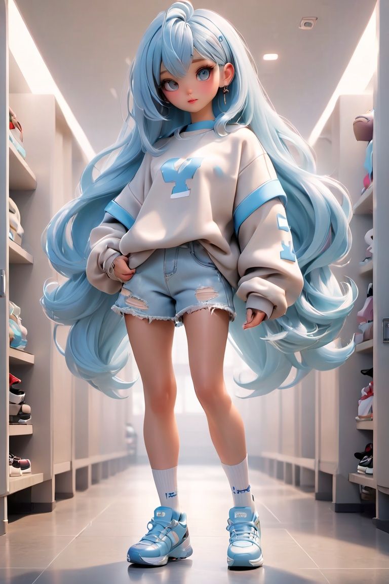 cinematic film still pixar,3d style,toon,masterpiece,best quality,good shine,OC rendering,best quality,4K,super detail,1girl,((full body)),looking at viewer,standing,shiny_skin,fair_skin,Off-White logo-printed sweatshirt with a distressed hemline,light benzo blue hair,gyaru,absolute_territory,tight,spandex,shoes,kneehighs,glamor,dormitory,light grey background,clean background,straight_hair,hime cut, . shallow depth of field, vignette, highly detailed, high budget, bokeh, cinemascope, moody, epic, gorgeous, film grain, grainy
