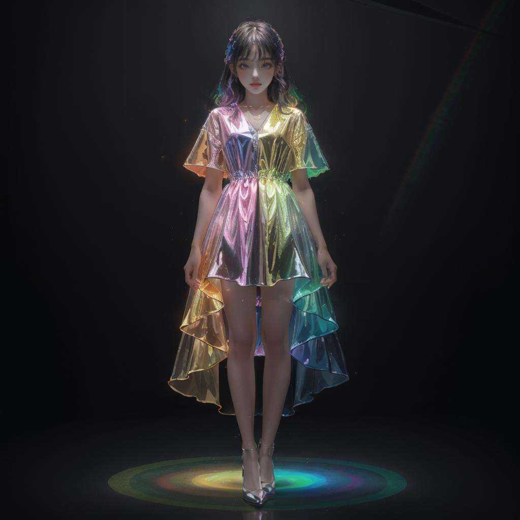 masterpiece, best quality,highres, 1girl, tall, perfect stature, liuli,<lora:liuli_20230828183428:0.6>,full body, bangs, chromatic dispersion,(metallic_lustre:1.2), tansparent_plastic, coloured glaze, Polychromatic prism effect, rainbowcore, iridescence/opalescence, glowing colors, aluminum foil, Glowing ambiance