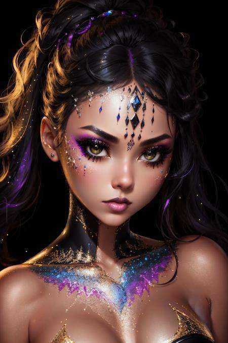 <lora:glitt3r:0.8>glitt3r 1girl woman black background intricate facepaint makeup closeup face