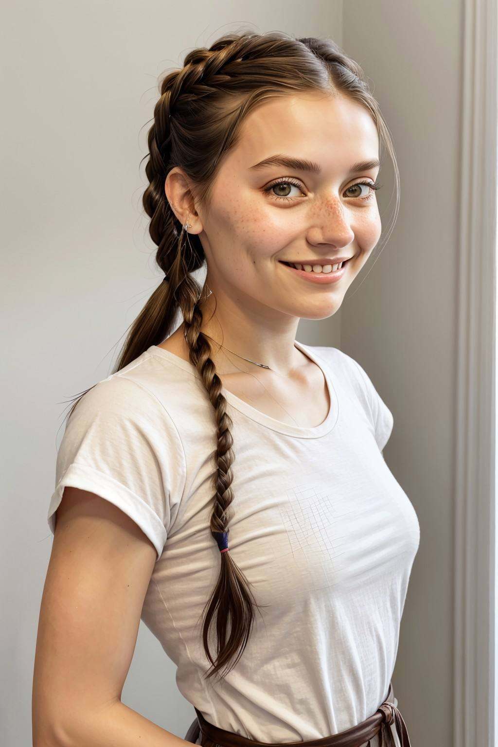 portrait photo of JessicaClements,  focus on smiling face,  wearing a t-shirt dress on Tensor.Art