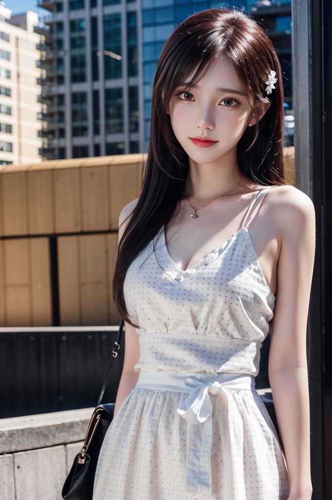 HDR, UHD, 8K, Highly detailed, best quality, masterpiece, 1girl, realistic, Highly detailed, (EOS R8, 50mm, F1.2, 8K, RAW photo:1.2), ultra realistic 8k cg,{{best quality}}, {{masterpiece}}, {{ncredibly_absurdres}},8k wallpaper,original,extremely detailed wallpaper,1girl,{an extremely delicate and beautiful}:,traditional_media,loli,upper body,polka_dot,revealing dress,bare shoulders,medium_breasts ,cleavage,cityspace,beautiful detailed sky, beautiful detailed water,seductive smile,bangs,scrunchie,long hair,hair pink flowers,{{head tilt}},artbook,cityscape,{{arms behind back }},xuxin