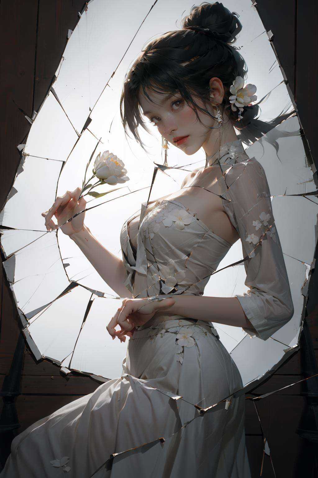 masterpiece,best quality, brokenmirror, broken glass, 1 girl, Strapless white skirt, white flowers<lora:Brokenmirror:0.8>