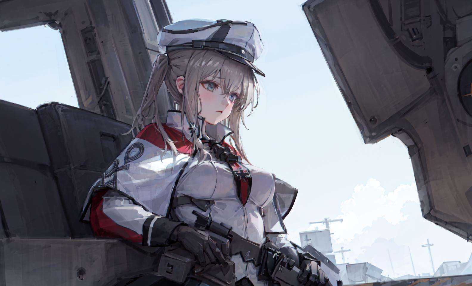 masterpiece, hires, absurdres, best quality,  graf zeppelin \(kancolle\),  close-up, close to viewer,  pantyhose, gloves, hat, skirt,  capelet, black gloves, black pantyhose, sidelocks, peaked cap, uniform, breasts, hair between eyes, pleated skirt,  black skirt, cross, military, necktie, miniskirt, military uniform, large breasts, iron cross, jacket, white capelet, long sleeves, white headwear, military hat, white jacket, (tsurime:1.4),grey eyes, 1girl, solo, solo focus, vivid color, Cyberpunk, futuristic city, neon lights, rain, high-tech, robots, androids, holographic advertisements, flying cars, dark alleyways, augmented reality, cyber-enhancements, virtual reality, dystopian