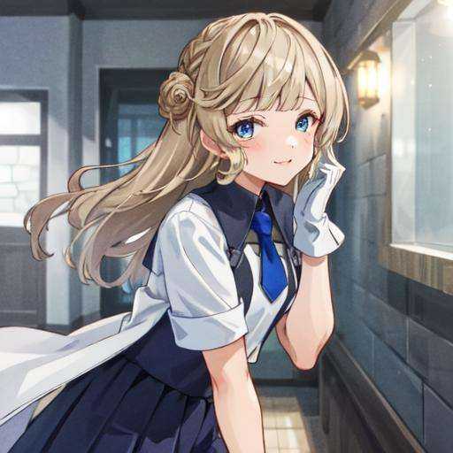 1girl, solo focus,RangerKC, (blue and white)_two-tone dress, (blue skirt), short sleeves, blue necktie, white gloves, side braids, smlie,BREAK, upper body shot, face focus, facing to viewer, indoor, dim lighting, night, <lora:Ranger-10:0.9>