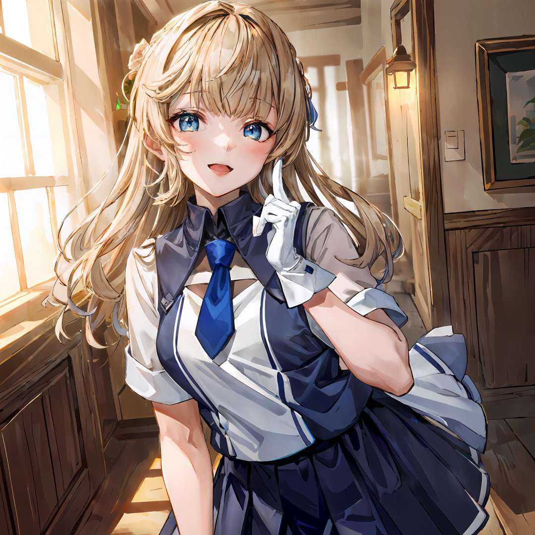 (masterpiece, best quality, highly detailed, absurdres, 4K, HDR: 1.3), (perfect lighting, studio light: 1.15), (best shadow:0.7),BREAK, (sharp eyeliner, eyeshadow, beautiful iris, beautiful pupils, beautiful detailed eyes),BREAK, beautiful face, perfect anatomy,BREAK, nice hands, perfect hands, hand by Guido Daniele,BREAK, 1girl, solo focus, RangerKC,BREAK, (blue and white)_two-tone dress, (blue skirt), short sleeves, blue necktie, white gloves, pantyhose, side braids,BREAK, head and shoulder, oblique angle portrait view, looking at viewer, smile, fang, (index finger raised),BREAK, <lora:add_detail:0.6>, <lora:hipoly_3dcg_v7-epoch:0.5:NF>, <lora:Ranger-10:0.9>, <lyco:GoodHands-beta2:1.5>