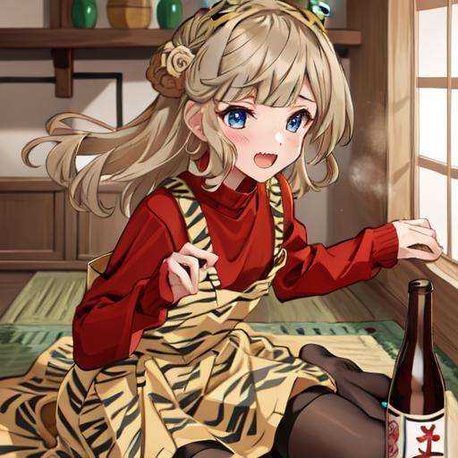 1girl, solo focus,RangerKC, RangerOni, (tiger print)_pinafore dress, BREAK,(red sweater:1.3), BREAK, horn, black thighhighs, 1.8L sake bottle, fang,BREAK, oblique portrait view, <lora:Ranger-10:0.9>