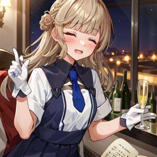 1girl, solo focus,RangerKC, (blue and white)_two-tone dress, (blue skirt), short sleeves, blue necktie, white gloves, side braids, closed eyes, blush, holding a champagne glass, holding a champagne, alcohol, drunk, drooling, sitting,BREAK, upper body shot, face focus, facing to viewer, indoor, dim lighting, night, <lora:Ranger-10:0.9>