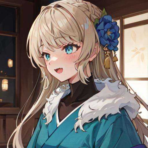 1girl, solo focus,RangerKC, Rangerkimono, light aqua kimono, big white fur collar covering neck, fang,BREAK, oblique portrait view, upper body shot, <lora:Ranger-10:0.9>