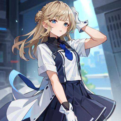 1girl, solo focus,RangerKC, (blue and white)_two-tone dress, (blue skirt), short sleeves, blue necktie, white gloves, pantyhose, side braids, BREAK, oblique portrait view, <lora:Ranger-10:0.9>