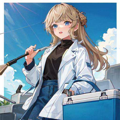 1girl, solo focus,RangerKC, RangerSanma, white jacket, long sleeves, blue denim skirt, black pantyhose, boots, black footwear,fishing rod, white fishing cooler,BREAK, oblique portrait view, upper body shot, <lora:Ranger-10:0.9>