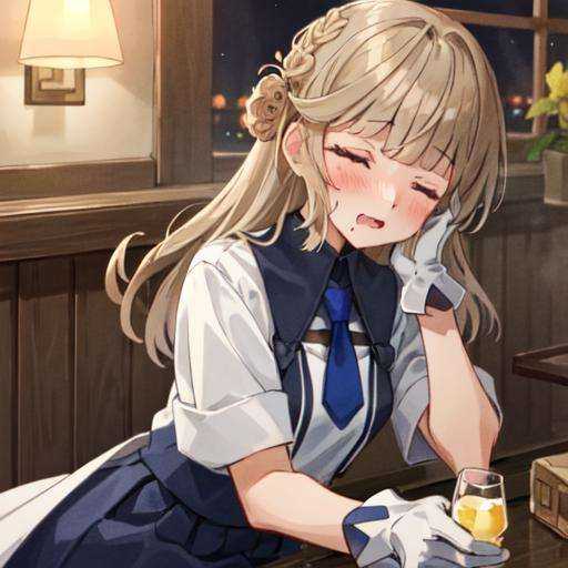 1girl, solo focus,RangerKC, (blue and white)_two-tone dress, (blue skirt), short sleeves, blue necktie, white gloves, side braids,  closed eyes, blush, holding cup, drinking glass, alcohol, drunk, drooling, sitting,BREAK, upper body shot, face focus, facing to viewer, indoor, dim lighting, night, <lora:Ranger-10:0.9>