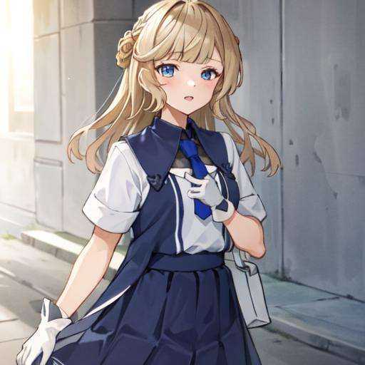1girl, solo focus,RangerKC, (blue and white)_two-tone dress, (blue skirt), short sleeves, blue necktie, white gloves, pantyhose, side braids, BREAK, oblique portrait view, <lora:Ranger-10:0.9>