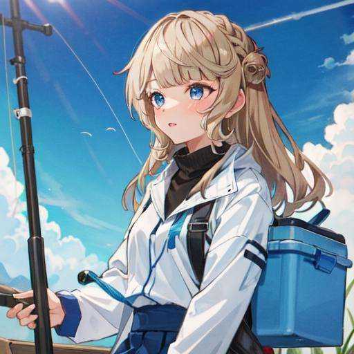 1girl, solo focus,RangerKC, RangerSanma, white jacket, long sleeves, blue denim skirt, black pantyhose, boots, black footwear,fishing rod, white fishing cooler,BREAK, oblique portrait view, upper body shot, <lora:Ranger-10:0.9>
