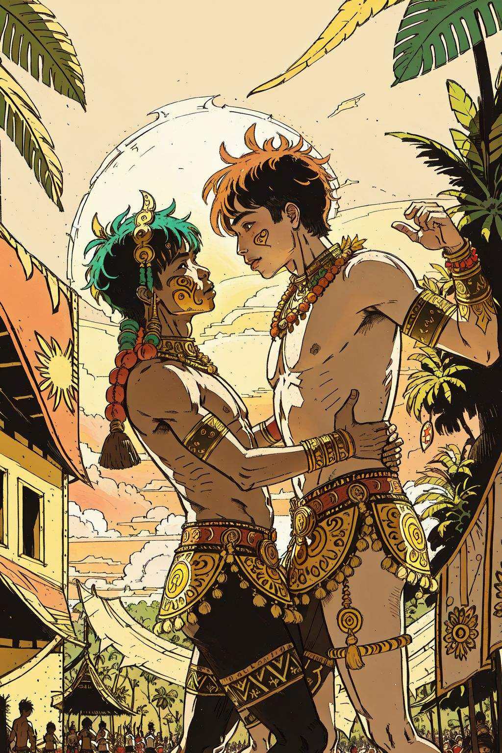 2 tribal boys,  2 boys ceremonial dancing at tribal village in jungle,  sunny day by Mytee on Tensor.Art