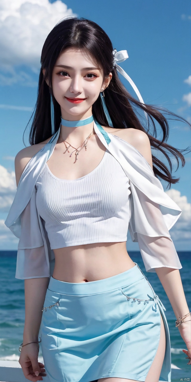 cowboy_shot,(good structure), dslr quality,short skirt,blue sky, white clouds, ocean, nai3, 1girl, solo, crop top, , choker, navel, shirt, midriff, crop top overhang, looking at viewer, white shirt, jewelry, breasts, bare shoulders, off-shoulder shirt, off shoulder, black choker, thighs, stomach, long hair, bracelet, short sleeves, ribbon, hand up, collarbone, hair ribbon, medium breasts, , bra strap, , hair ornament, thigh gap, necklace, expressionless, , ,kind smile,  ,     , yunyun