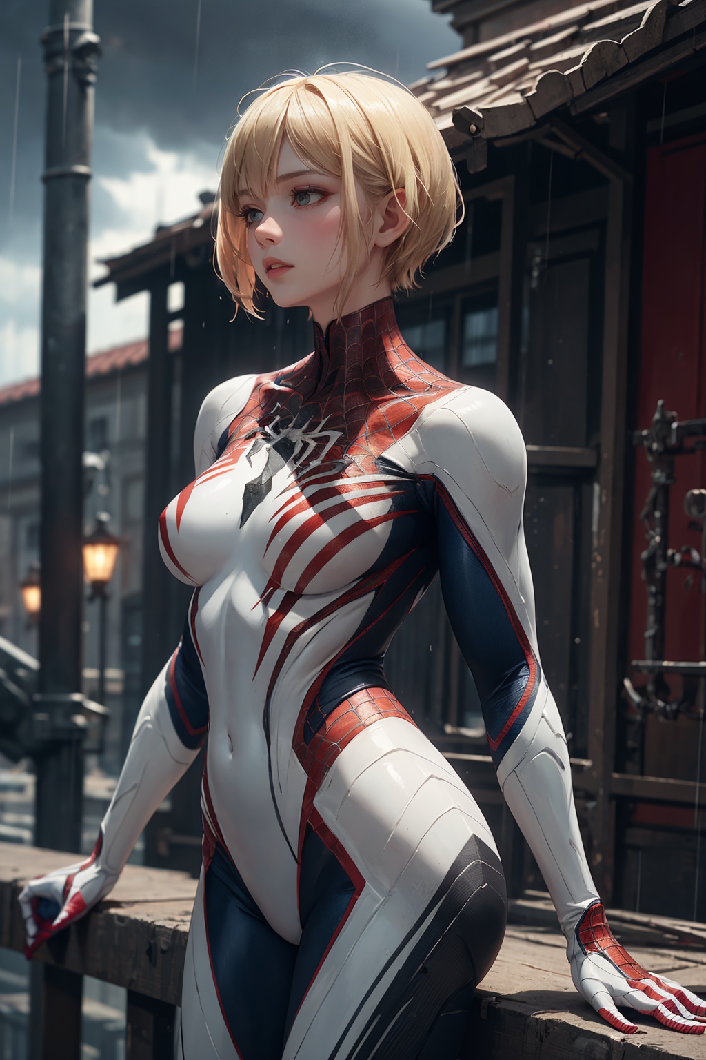18 yo girl,  white spider man suit,  short blunt hair on Tensor.Art