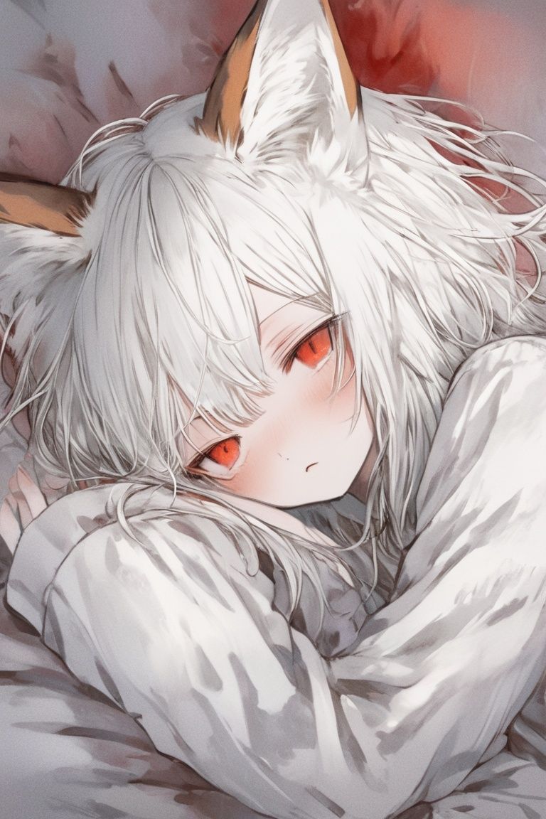 tekito midori,  a fox girl white hair,  red eyes by Aotsuyu on Tensor.Art