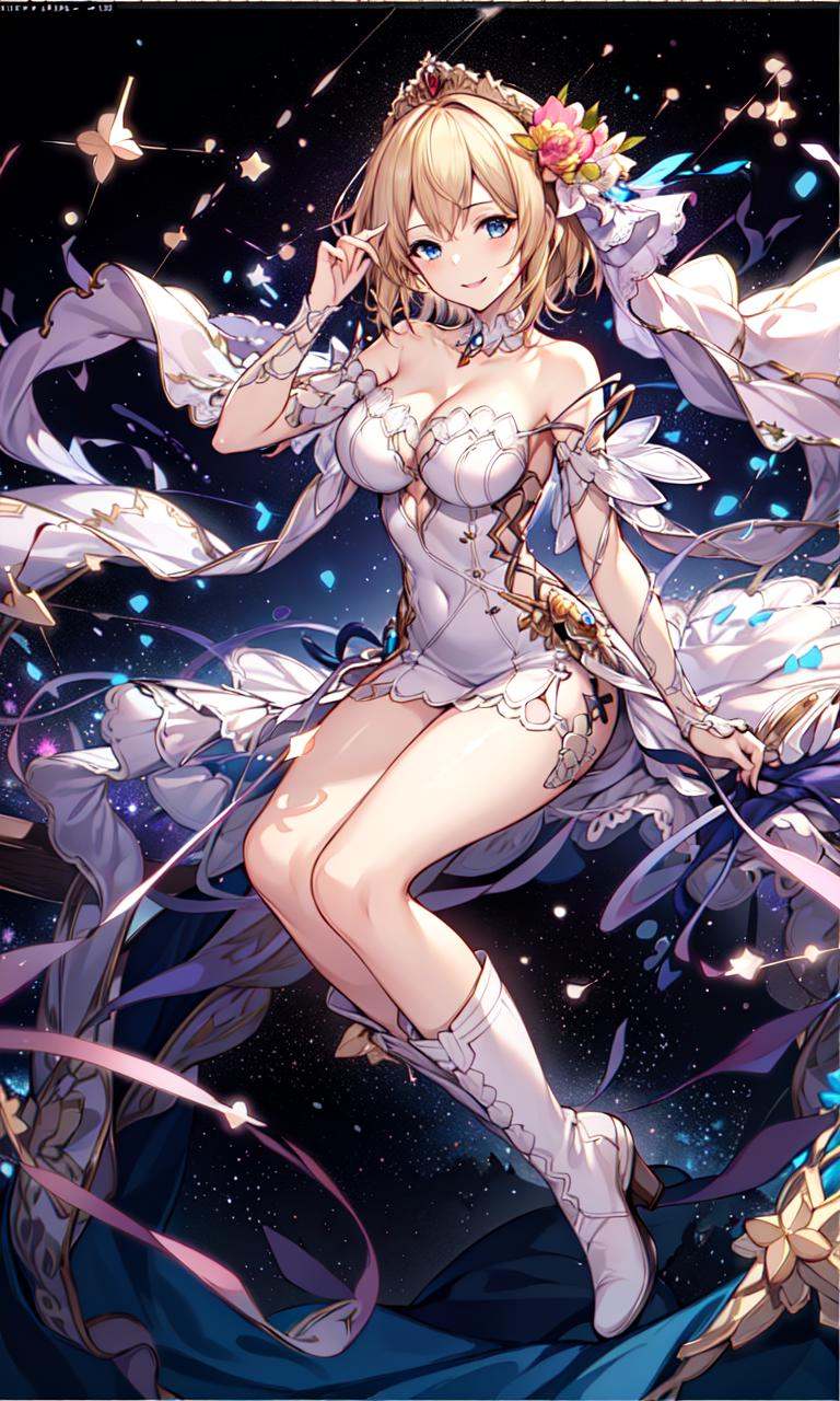 (masterpiece),(best quality),extreamly delicate and beautiful,illustration,1girl,(constellation:1.1), (starry background:1.1),   dress, tiara,   flower,  gbf-europa , blue eyes,large breasts,cleavage, white dress,strapless, strapless dress,    1girl,seductive smile,  smile, short blonde hair,boots,  cowboy shot,  <lora:gbf-Europa:0.451>