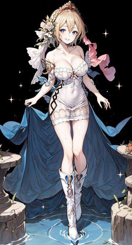 (universe:1.0), ,water,  1girl, dress,  gbf-europa , large breasts,cleavage, white dress,strapless, strapless dress, seductive smile, boots,full body,    <lora:gbf-europaV2-000007:1>  