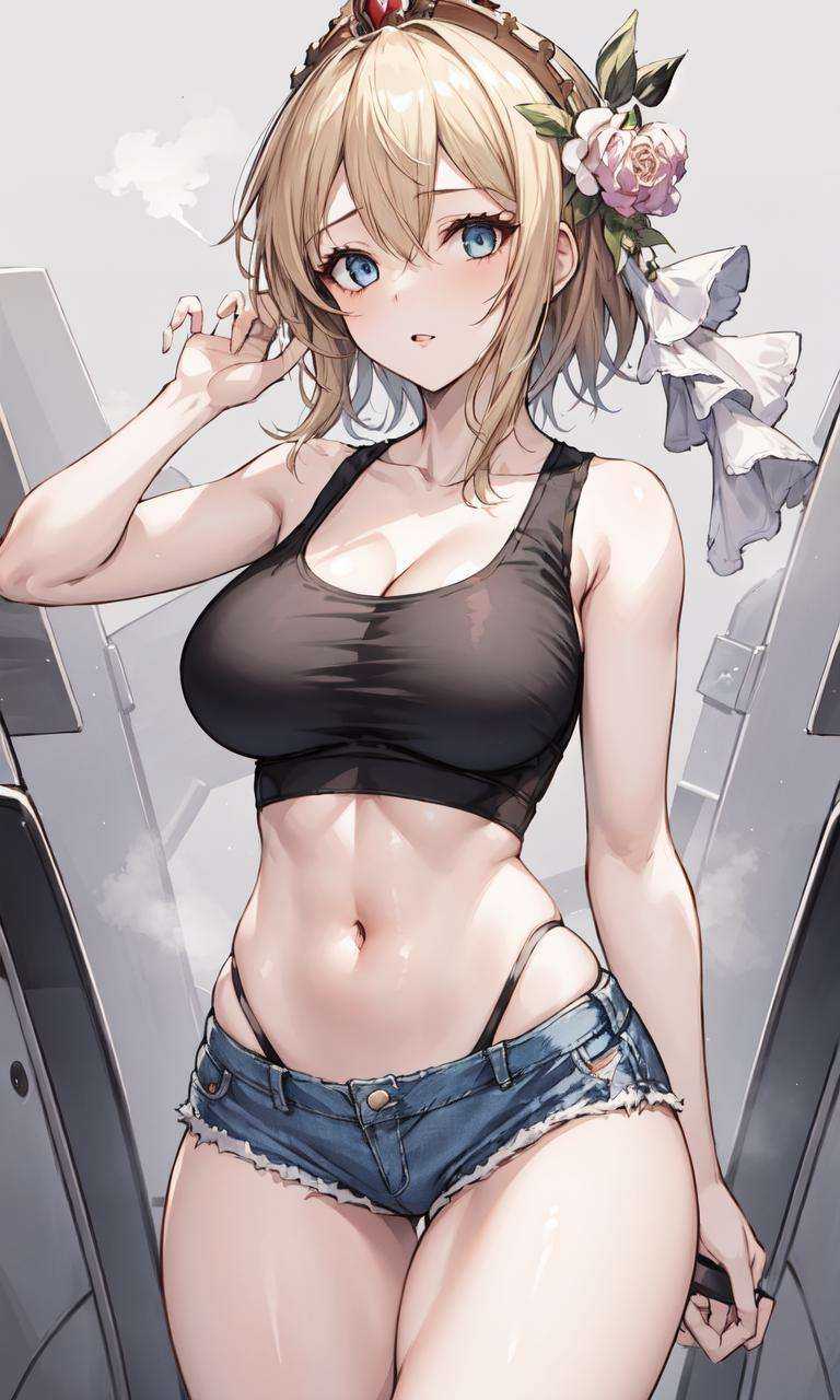 1girl,gbf-europa, steam,  black **** top, denim shorts,midriff, groin, (abs:0.6), large breasts,cleavage,  highleg panties, (gym:1.1),cowboy shot,   <lora:gbf-europaV2-000007:0.7>