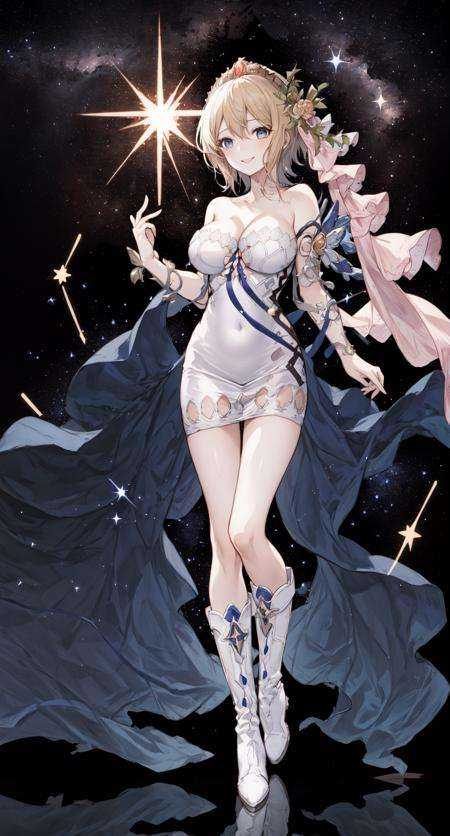 (constellation:1.0), (starry background:1.23),water, greek, 1girl, dress,  gbf-europa , large breasts,cleavage, white dress,strapless, strapless dress, seductive smile, boots,full body,    <lora:gbf-europaV2-000007:1>  