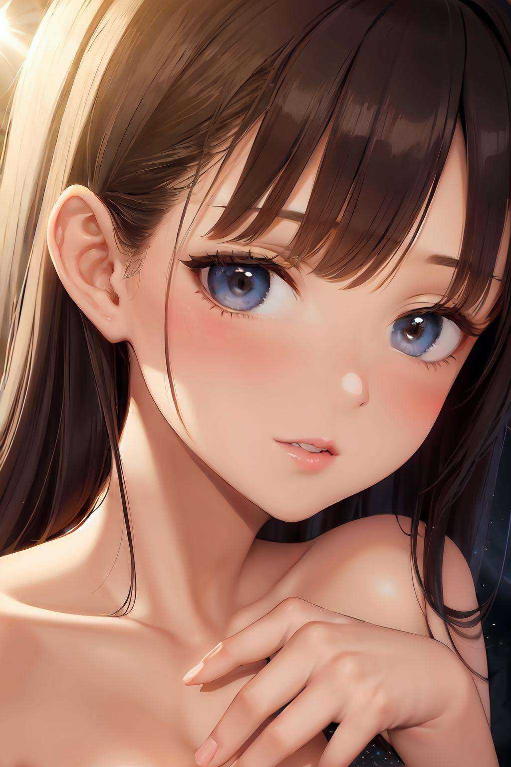 best quality, masterpiece, girl, Dark hair, dark eyes, home, sun shining, shiny skin, sun flare