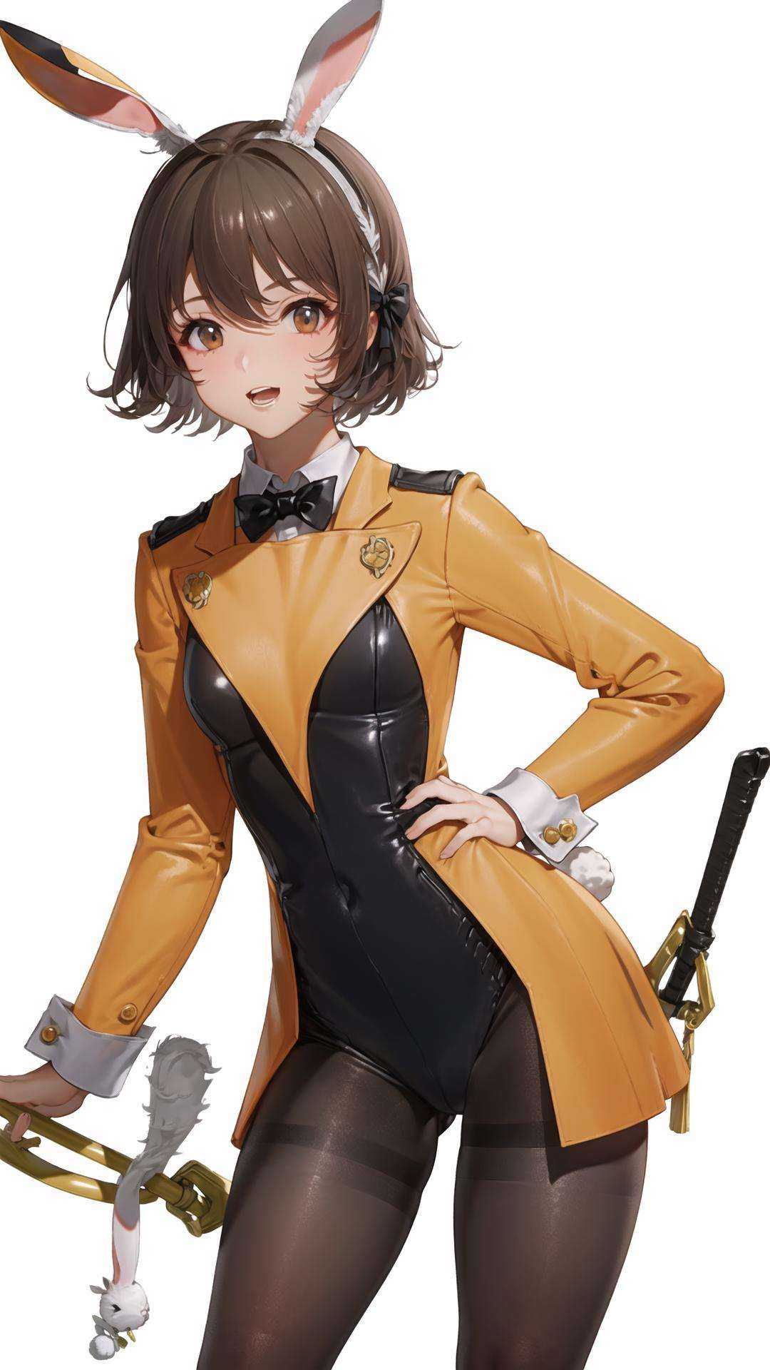 1girl, (((solo))), cowboy shot, ((((((bunny girl)))))), short hair, ((((black pantyhose, black bodysuit)))), <lora:Eugénie Caron v1.0:0.6>