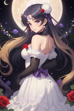  blue_flower,blue_rose,pink_rose,purple_rose,red_rose,rose,white_rose,tsukino_usagi,black_rose,double_bun,flower,1girl,crescent,yellow_rose,pink_flower,thorns,crescent_facial_mark,blonde_hair,black_flower,rose_petals,gloves,crescent_moon,bow,squiggle,spoken_squiggle,princess_serenity,white_gloves,purple_flower,green_flower,dress,elbow_gloves,facial_mark,solo,rose_print,back_bow,white_flower,earrings,twintails,blue_eyes,very_long_hair,venus_symbol,forehead_mark,red_flower,jewelry,moon, tsukuyo\(blue archive\)
